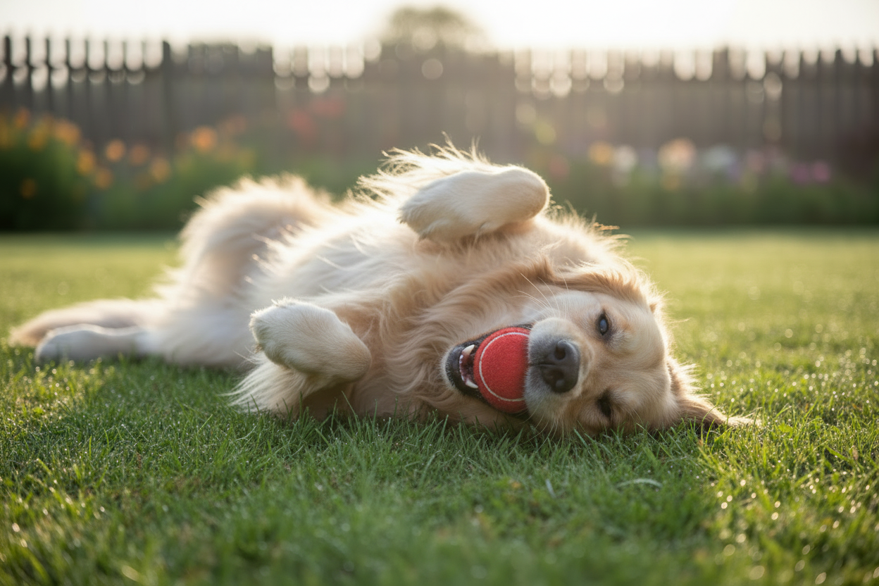 Playful Dog Belly Up with Ball